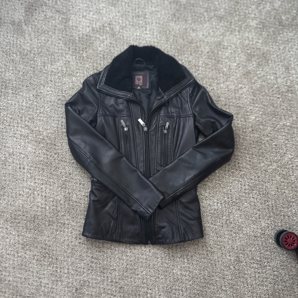 Anne Klein Dark Leather Coat with Black Fur Collar